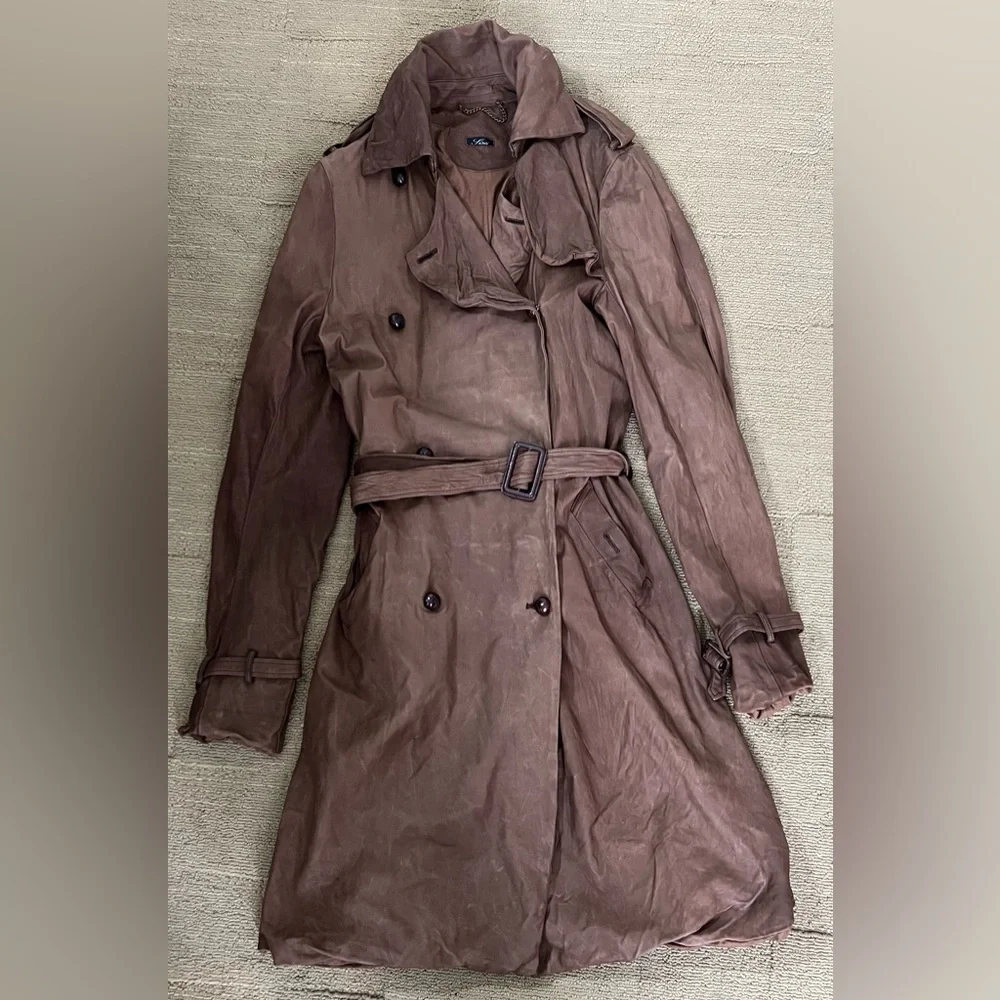 Sisii Brown Double-Breasted Leather Trench Coat - Picture 2 of 16